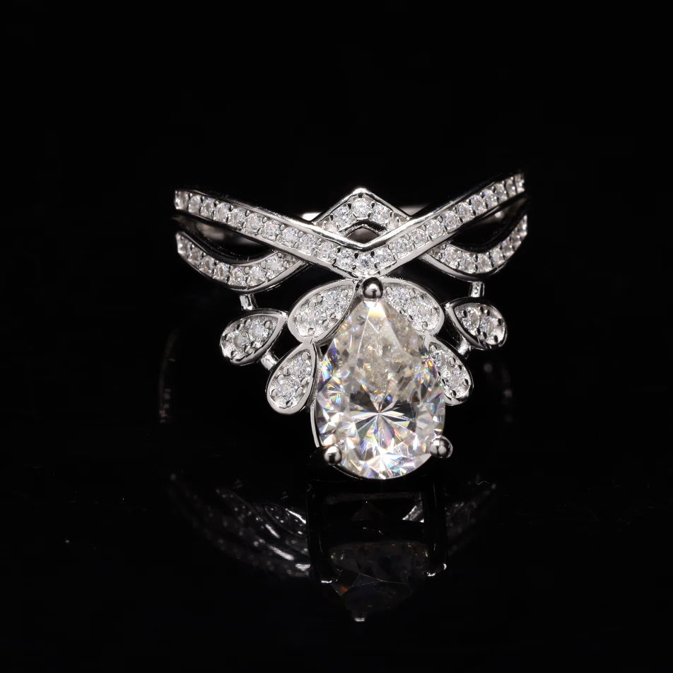 Pear Cut Crown Engagement Ring with Moissanite in Sterling Silver