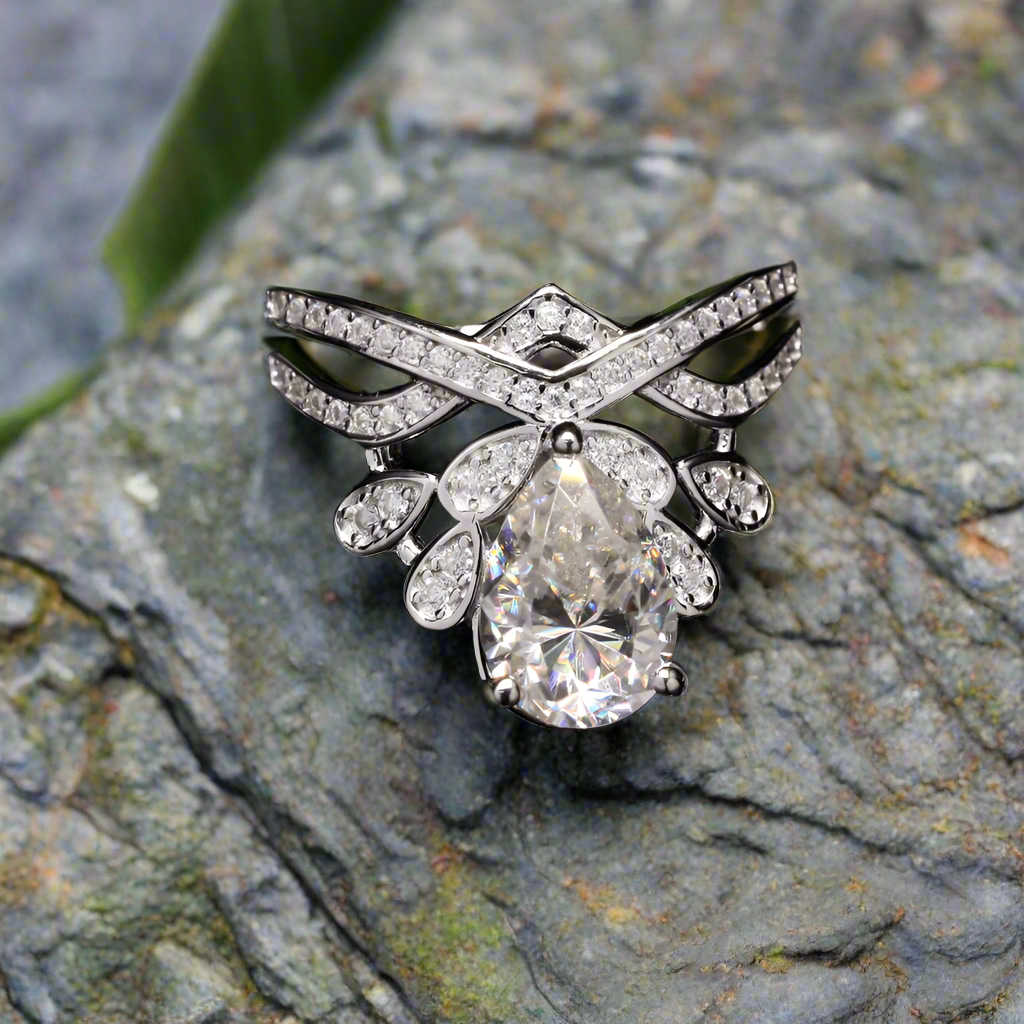Pear Cut Crown Engagement Ring with Moissanite in Sterling Silver