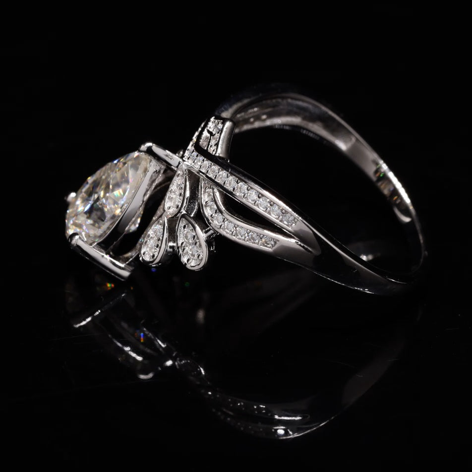 Pear Cut Crown Engagement Ring with Moissanite in Sterling Silver