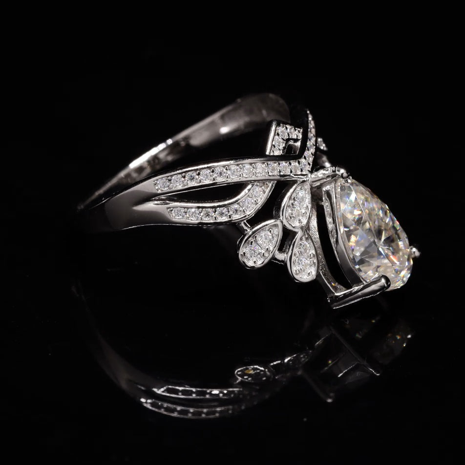 Pear Cut Crown Engagement Ring with Moissanite in Sterling Silver