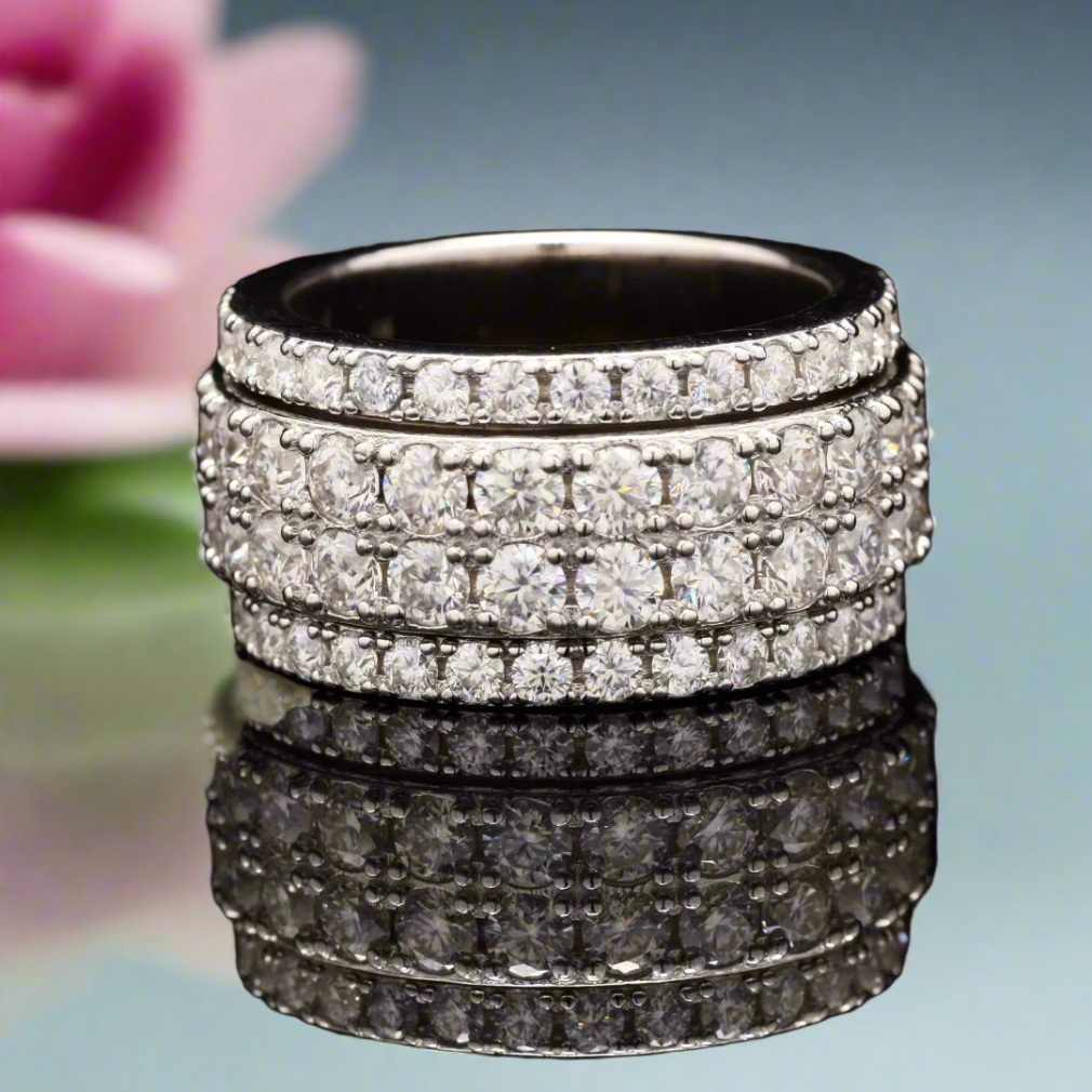 Stress Relief Spinner Ring Band in Sterling Silver with Moissanite in Sterling Silver