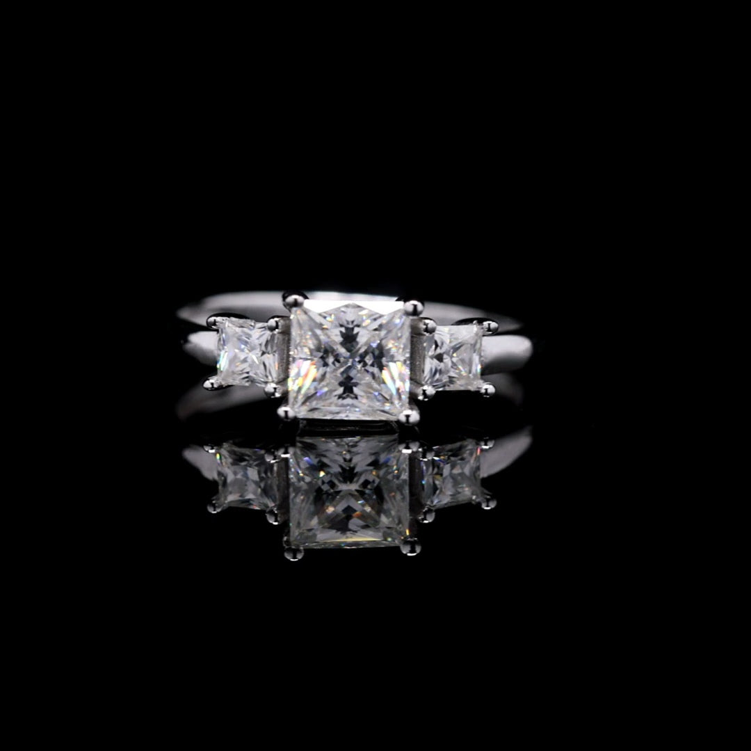 3 stone Princess cut Engagement Ring in Moissanite and Sterling Silver