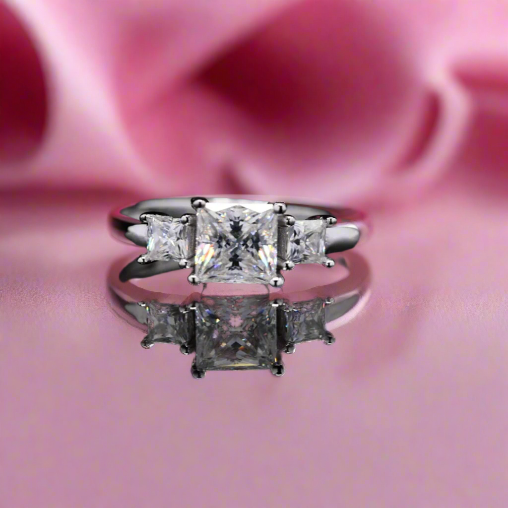 3 stone Princess cut Engagement Ring in Moissanite and Sterling Silver