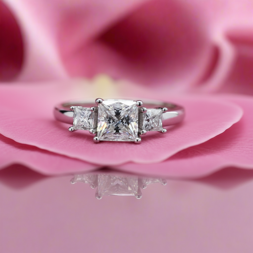 3 stone Princess cut Engagement Ring in Moissanite and Sterling Silver