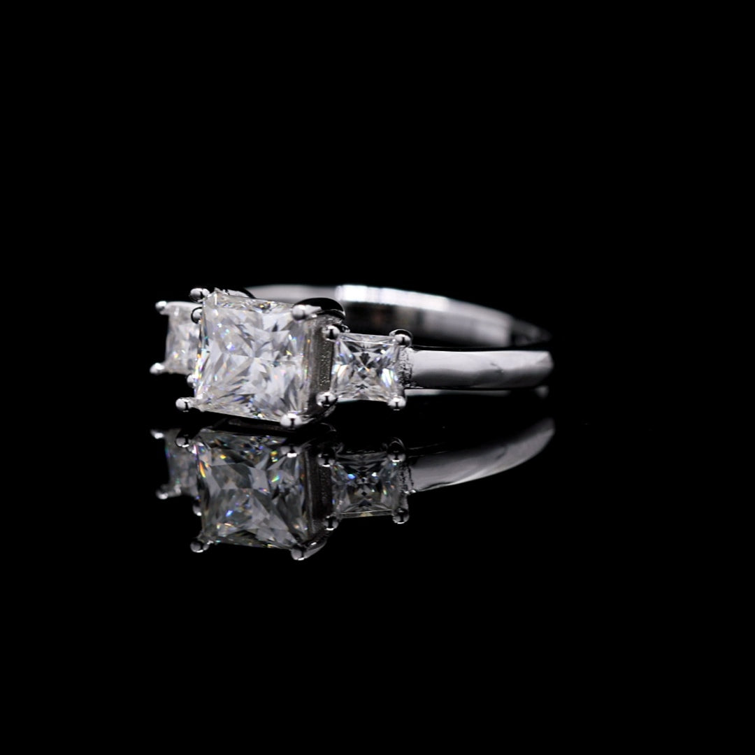 3 stone Princess cut Engagement Ring in Moissanite and Sterling Silver