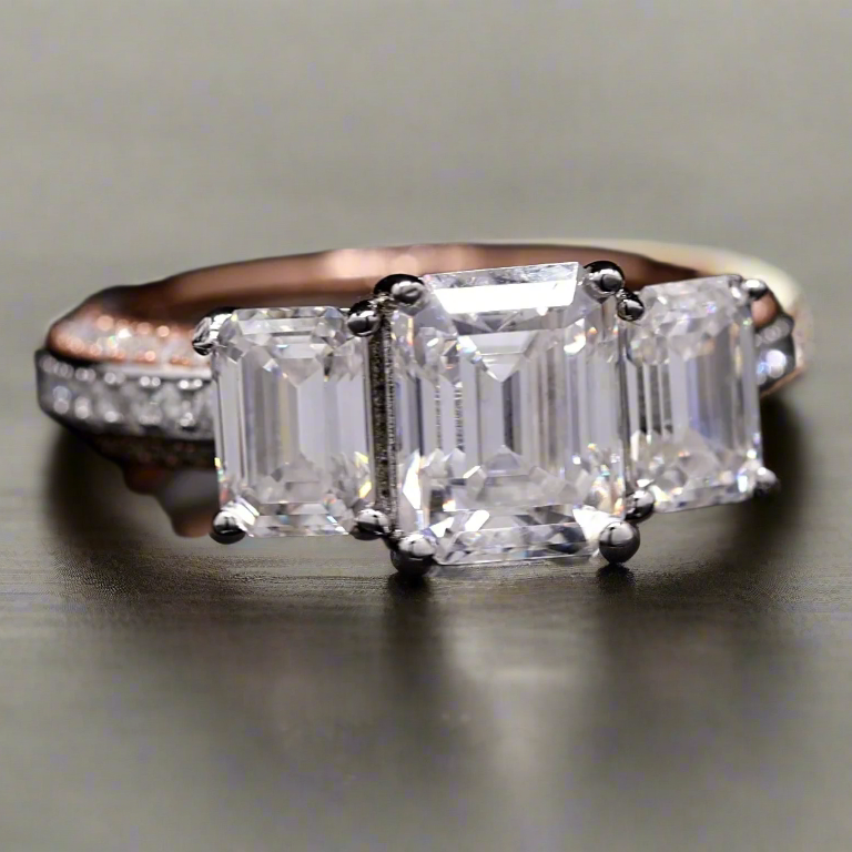 3 stoneEngagement Emerald cut Ring