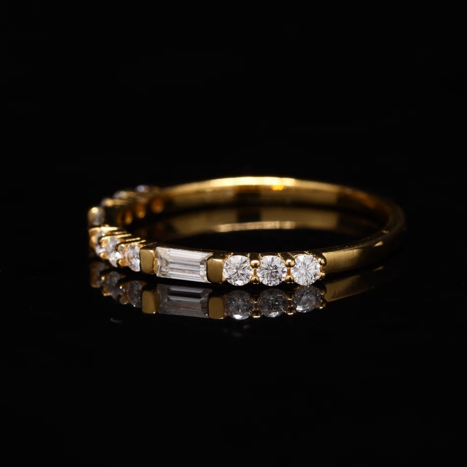 Straight Baguette and Round Natural Band Ring with Moissanite and Sterling Silver