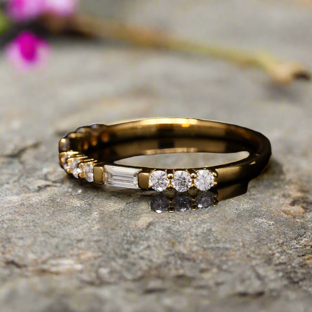 Straight Baguette and Round Natural Band Ring with Moissanite and Sterling Silver