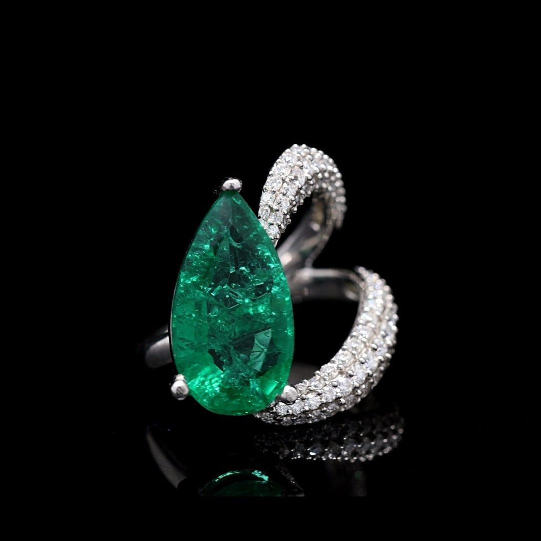 Pear shape Lab Grown Emerald Ring with Moissanite and Sterling Silver