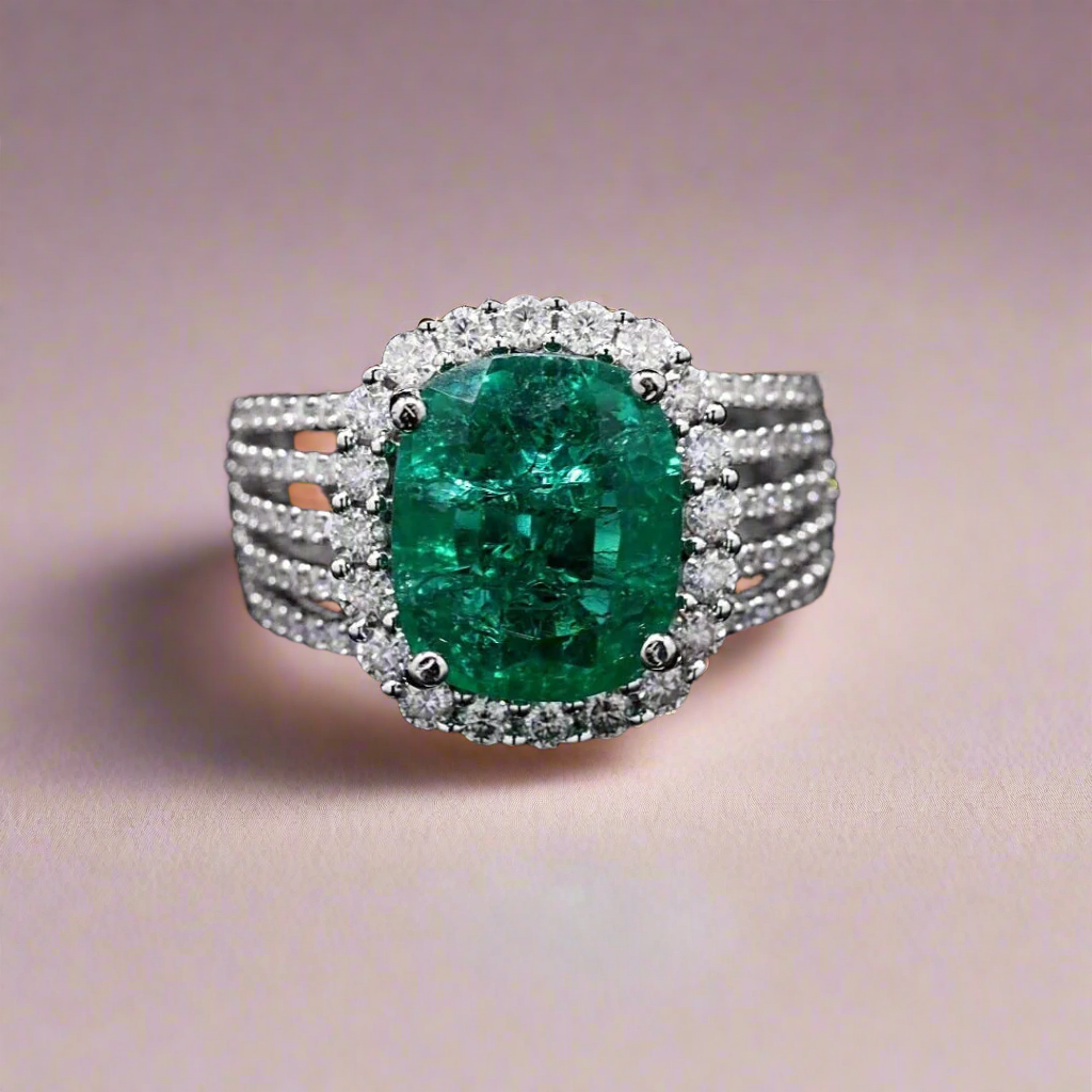 Women Lab Grown Emerald with Moissanite Ring