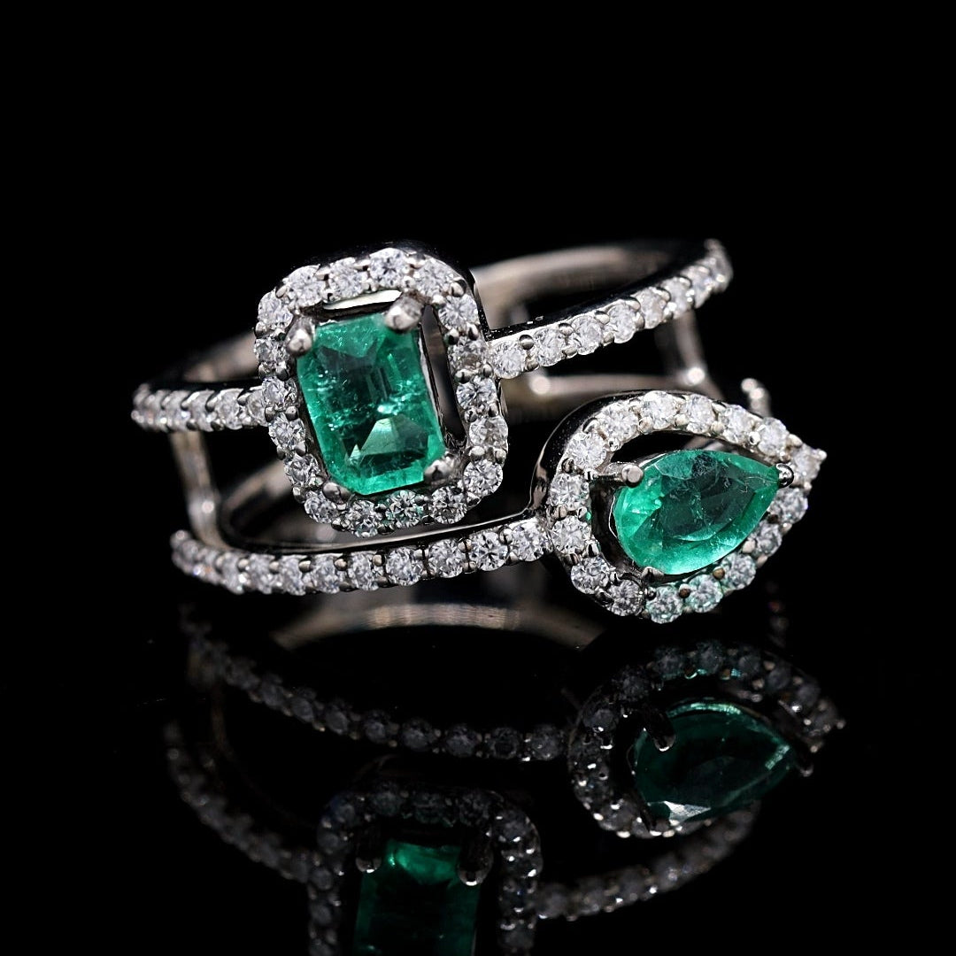 Lab Grown Emerald Baguette Ring in Sterling Silver with Moissanite