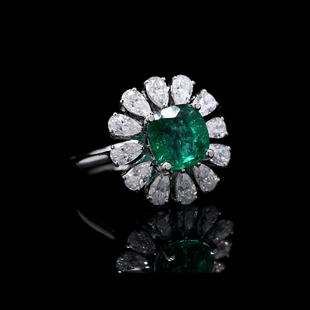 Floral Lab Grown Emerald Ring with Silver and Moissanite