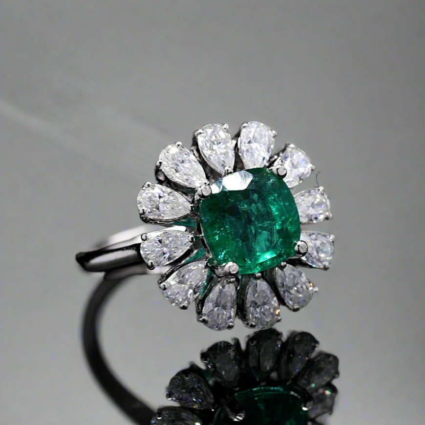 Floral Lab Grown Emerald Ring with Silver and Moissanite