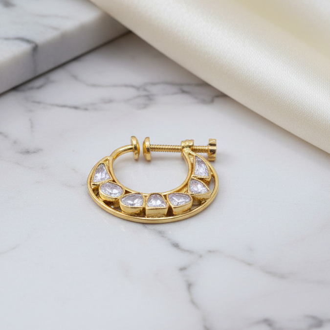Royal Bridal Screw Nath with Moissanite Polki in 925 Sterling Silver, Gold Rhodium Coated