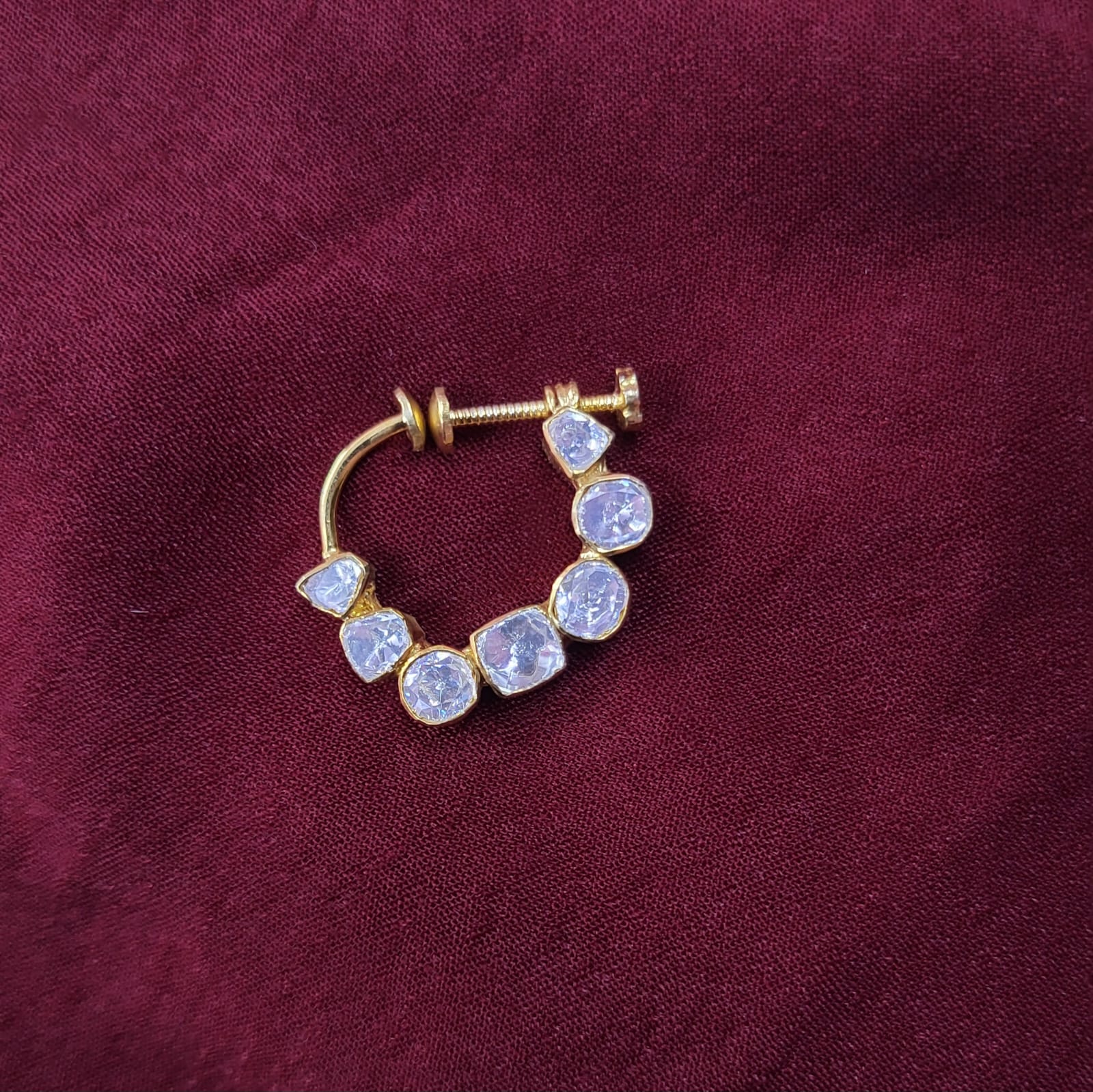 Bridal Screw Nath in 925 Sterling Silver with Moissanite Polki and Gold Rhodium Finish