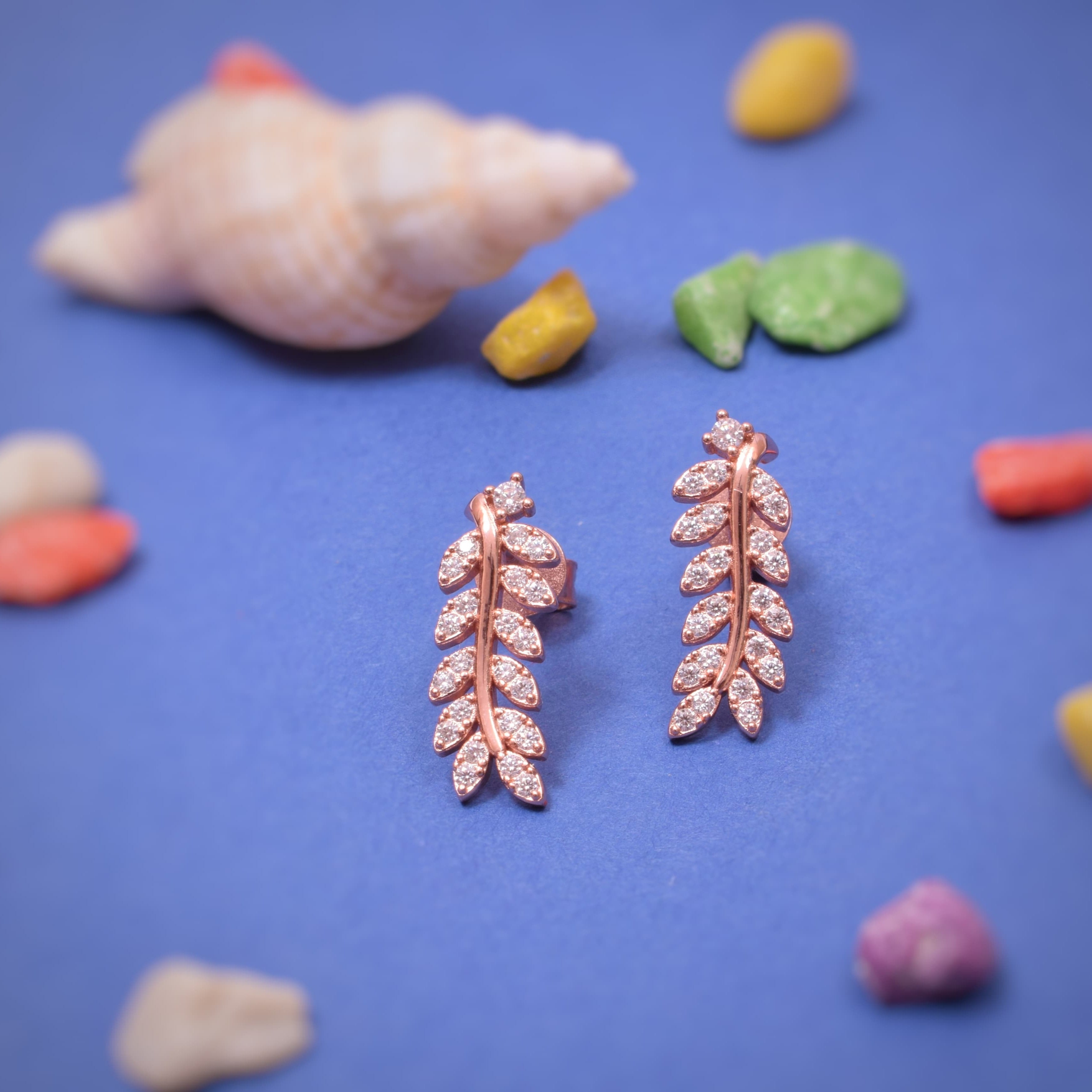 Leaf Earring in Rose-Gold with moissanite and Sterling Silver