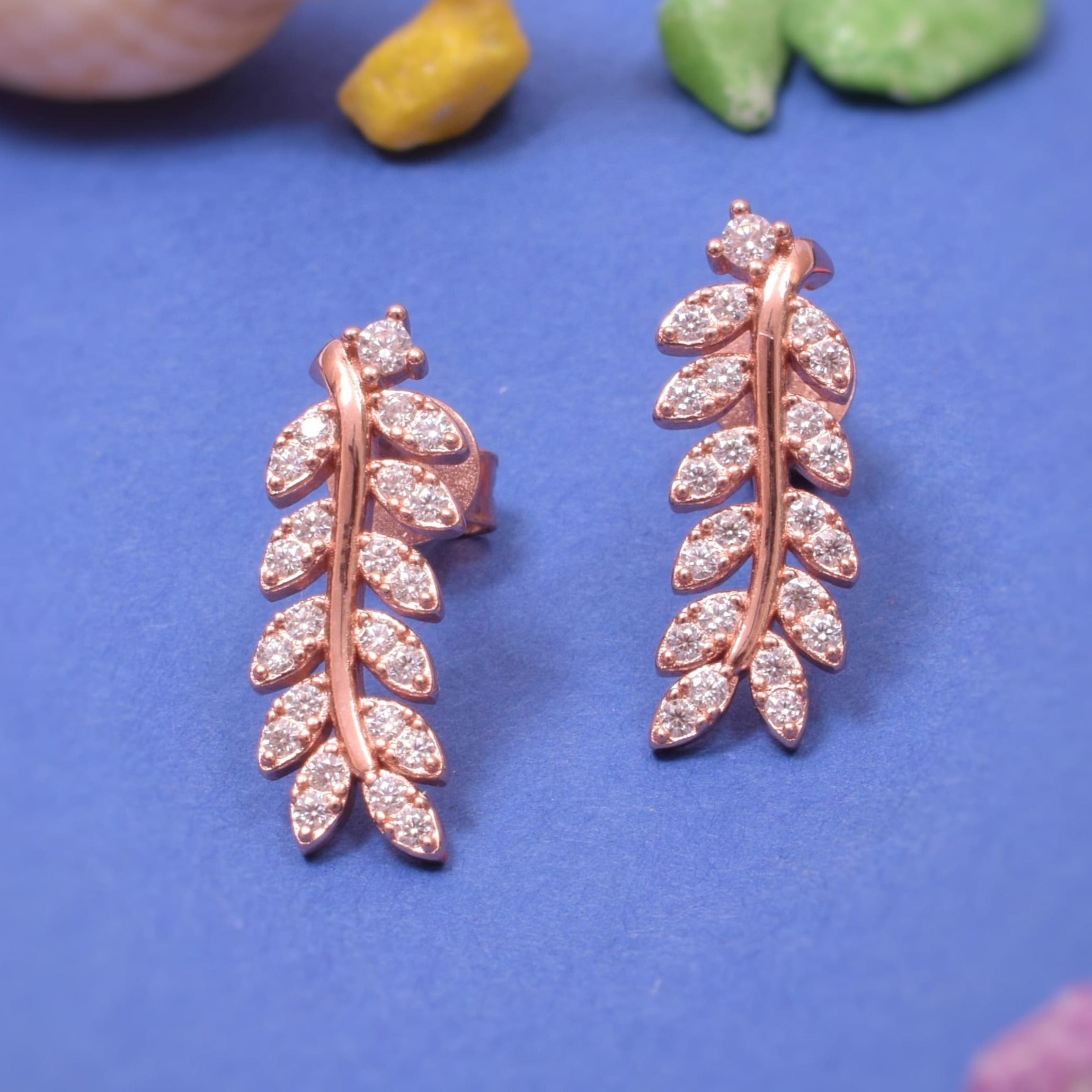 Leaf Earring in Rose-Gold with moissanite and Sterling Silver