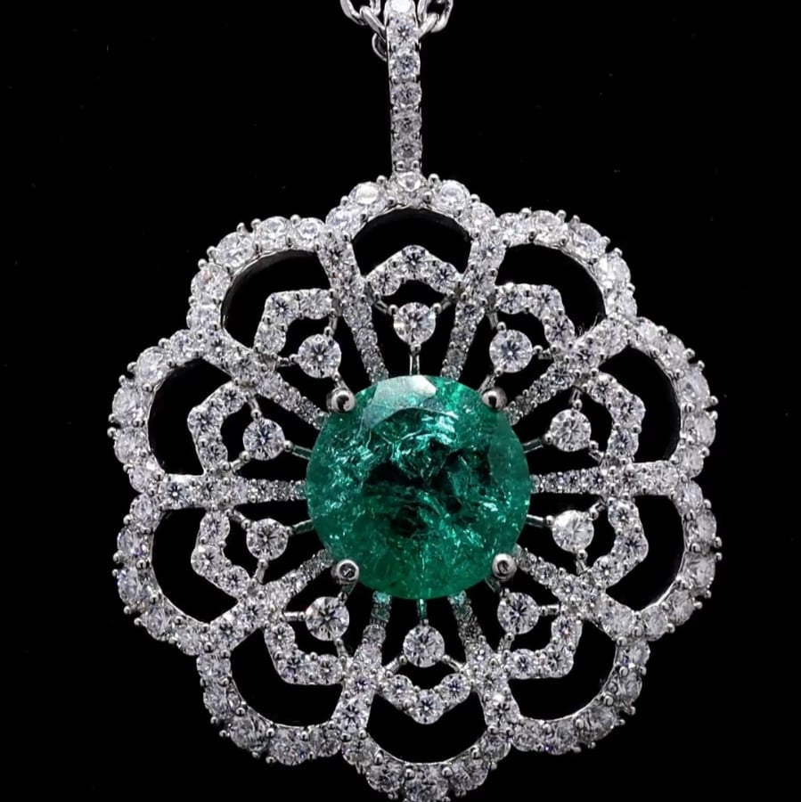 Round Lab Grown Emerald Pendant with Moissanite in Silver
