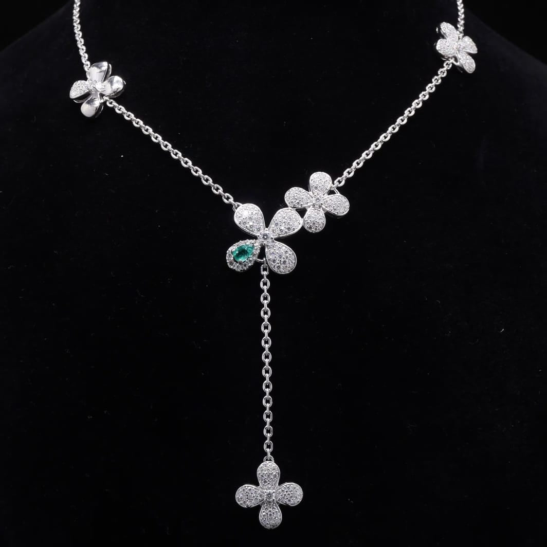 Lab Grown Emerald With Moissanite Floral Pendant in Silver