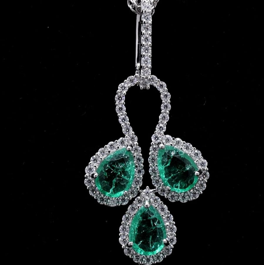 3 Petals Lab Grown Emerald Pendant with Moissanite in Sterling Silver