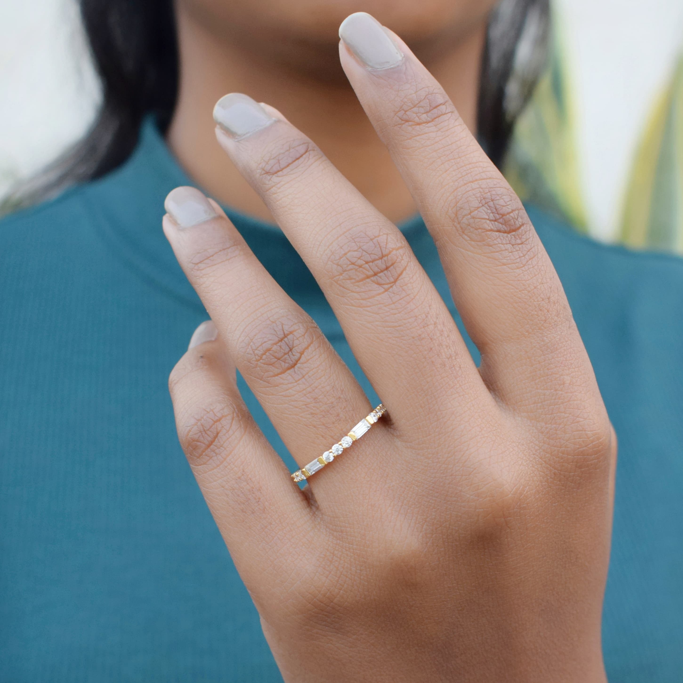 Straight Baguette and Round Natural Band Ring with Moissanite and Sterling Silver