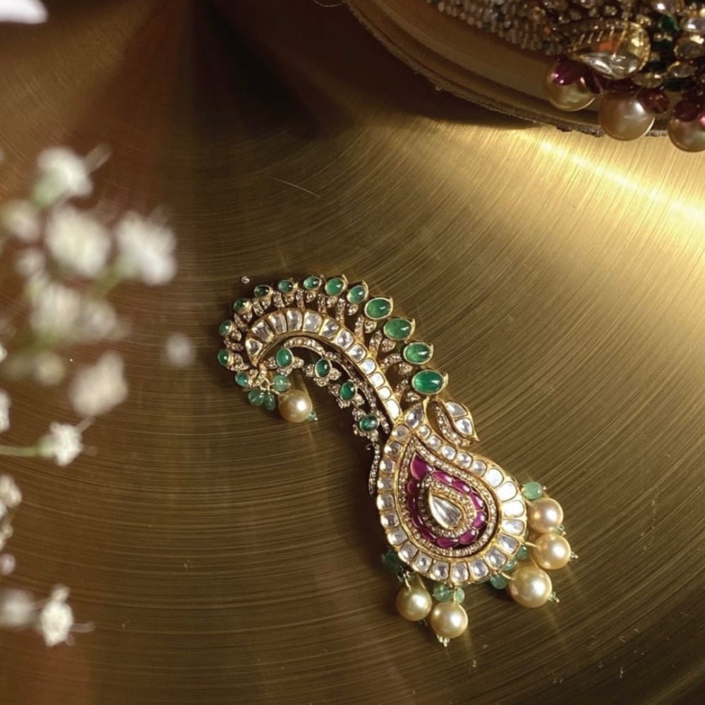 Green Kundan Polki Kalangi cum Brooch In Sterling Silver for him