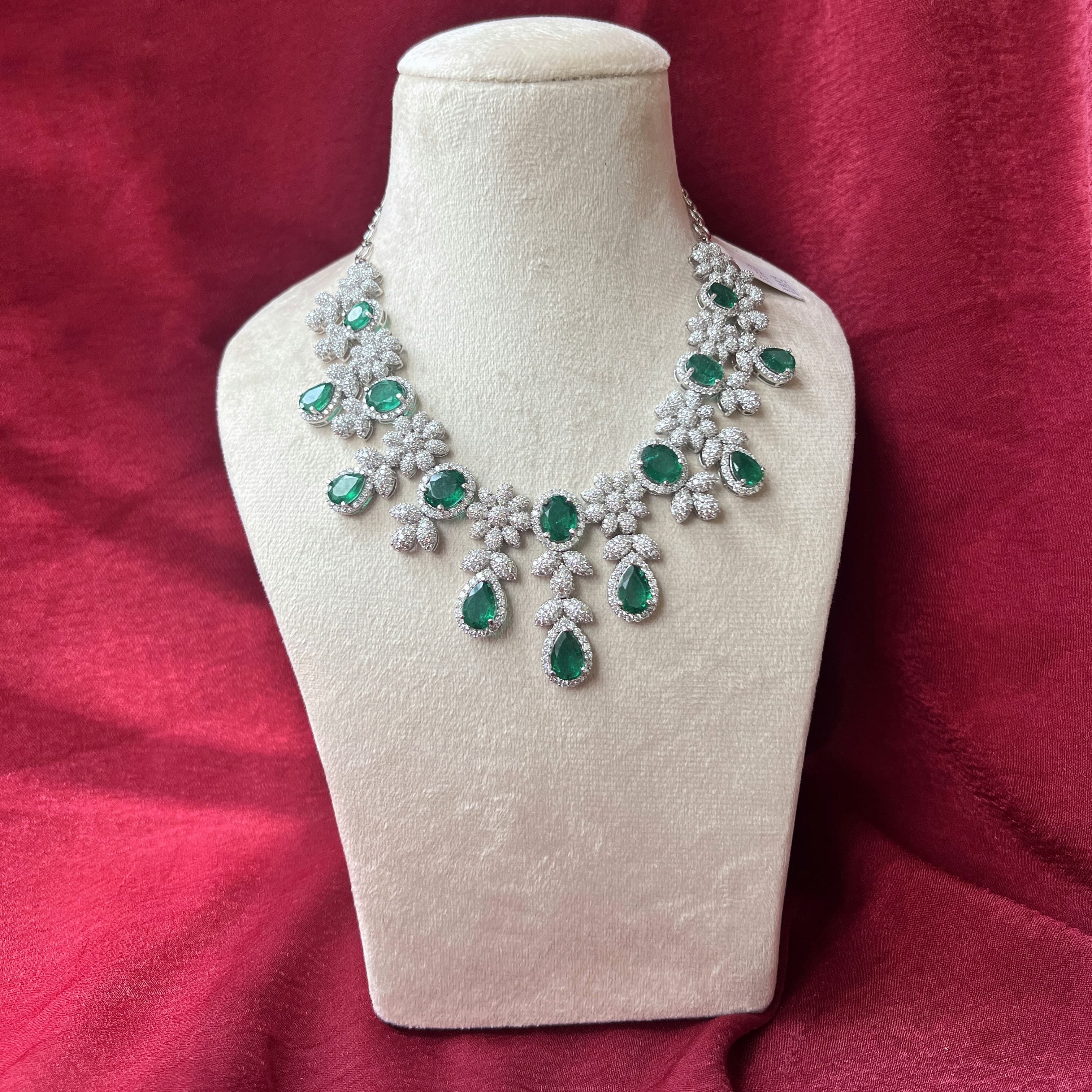 Bridal Moissanite and Lab Emerald Necklace in 925 Silver