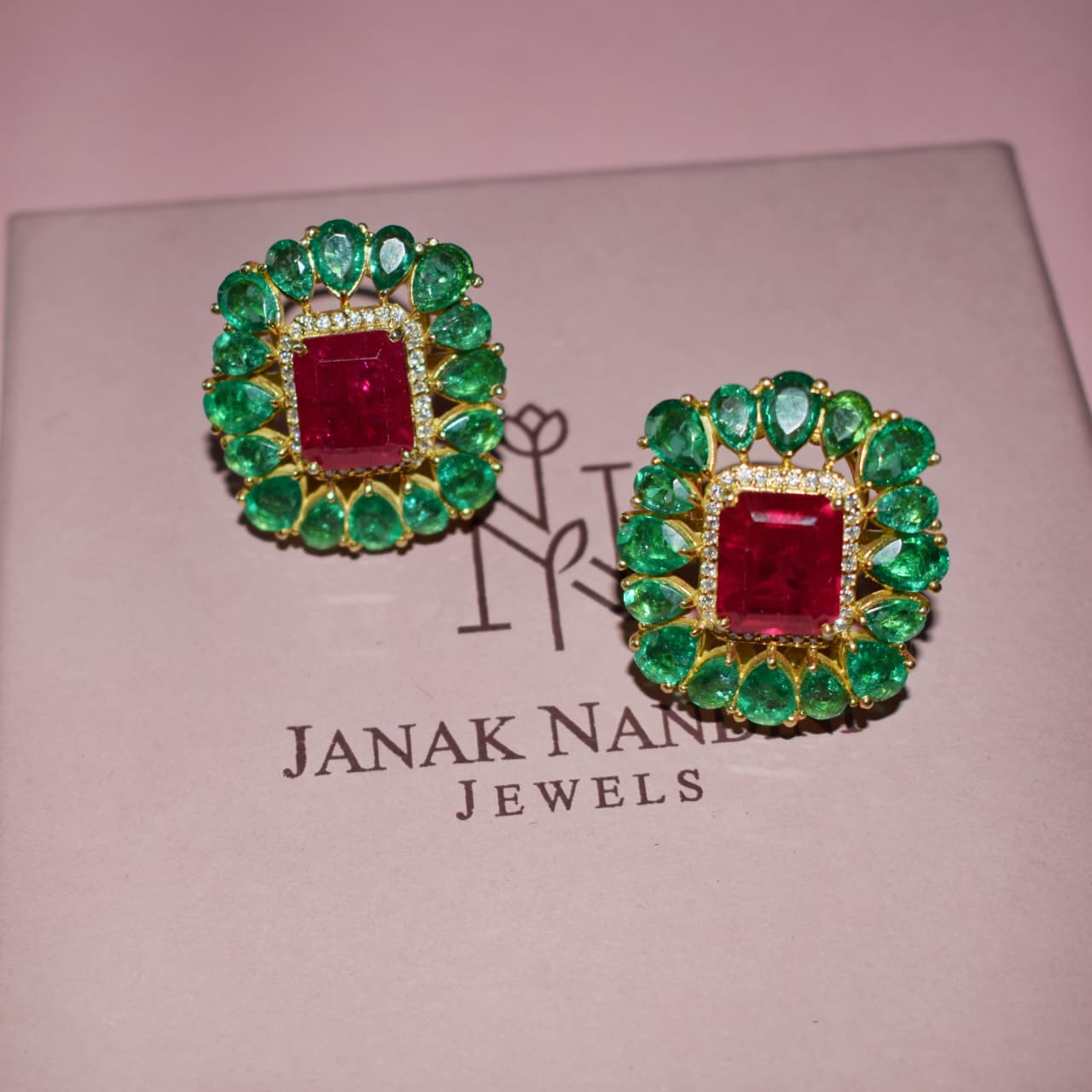 Lab-Grown Emerald Earrings with Ruby in 925 Sterling Silver