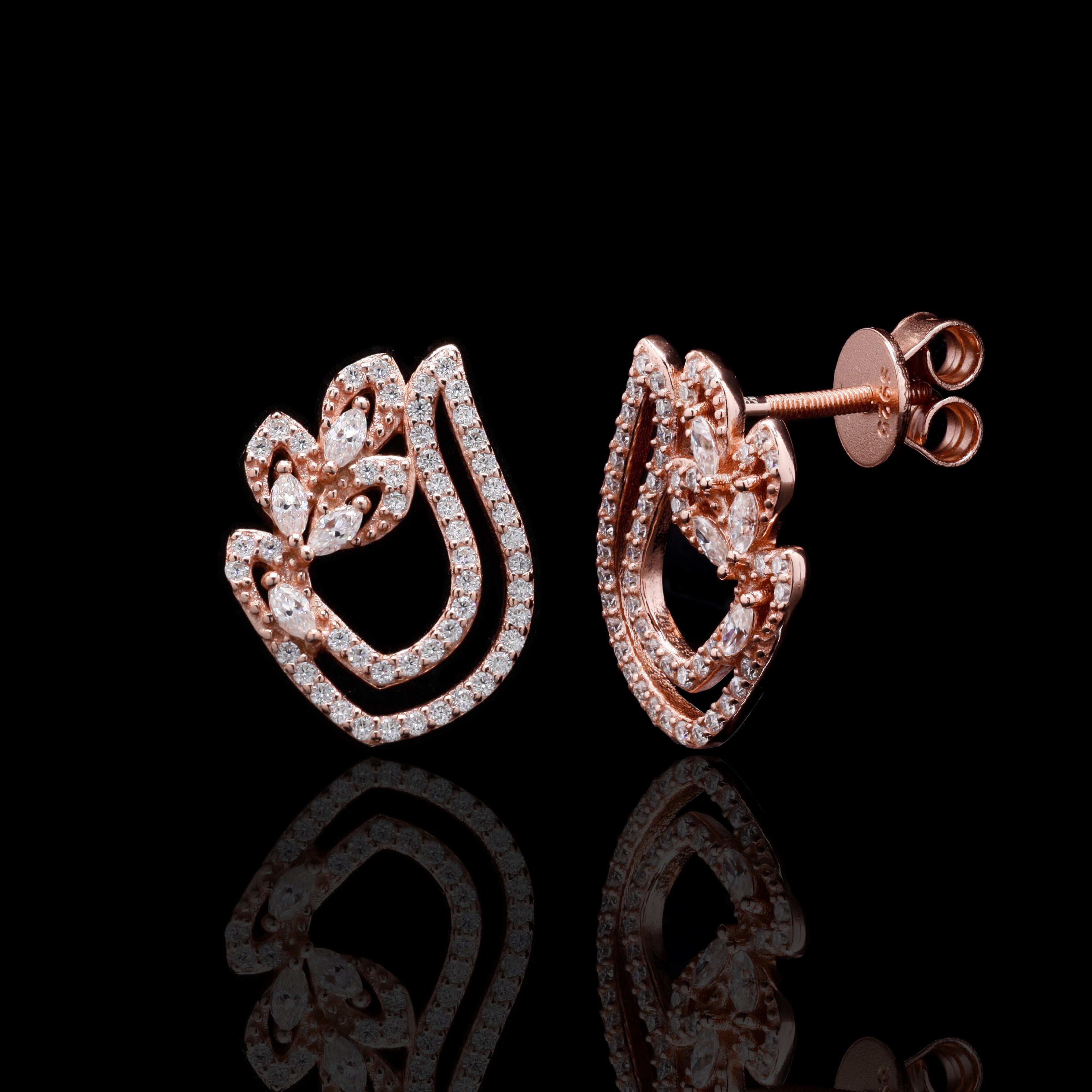 Rose Gold Swriling Sparkle Moissanite Diamond Sterling SIlver Earrings