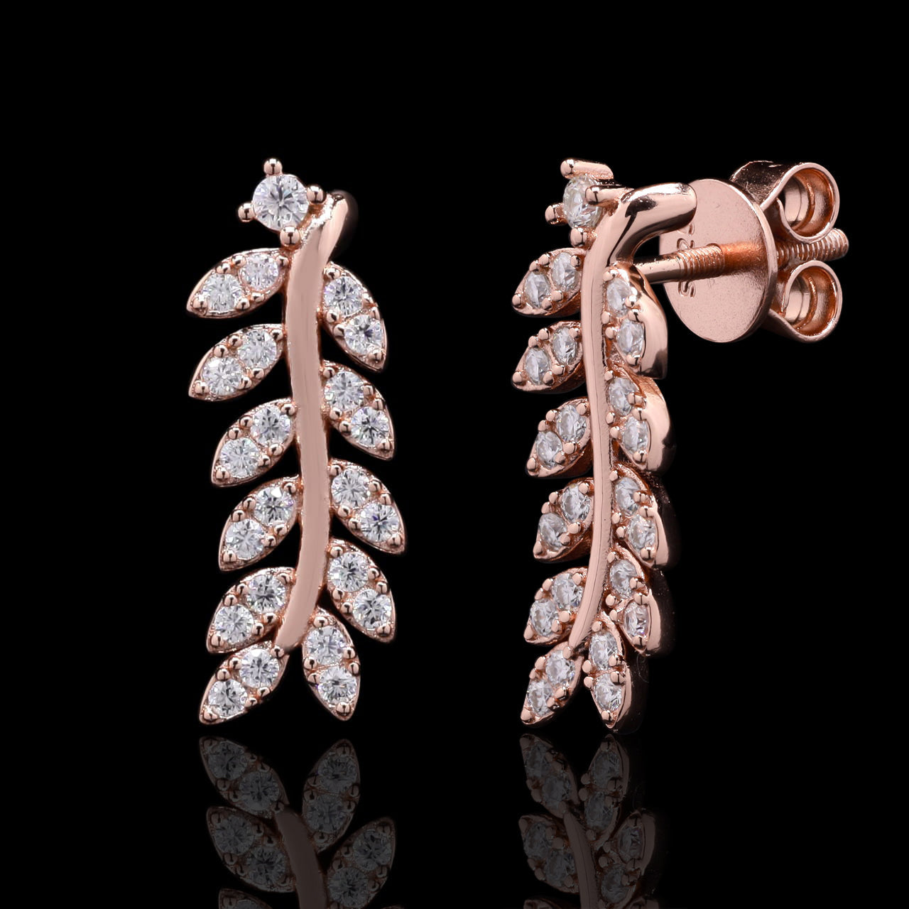 Leaf Earring in Rose-Gold with moissanite and Sterling Silver