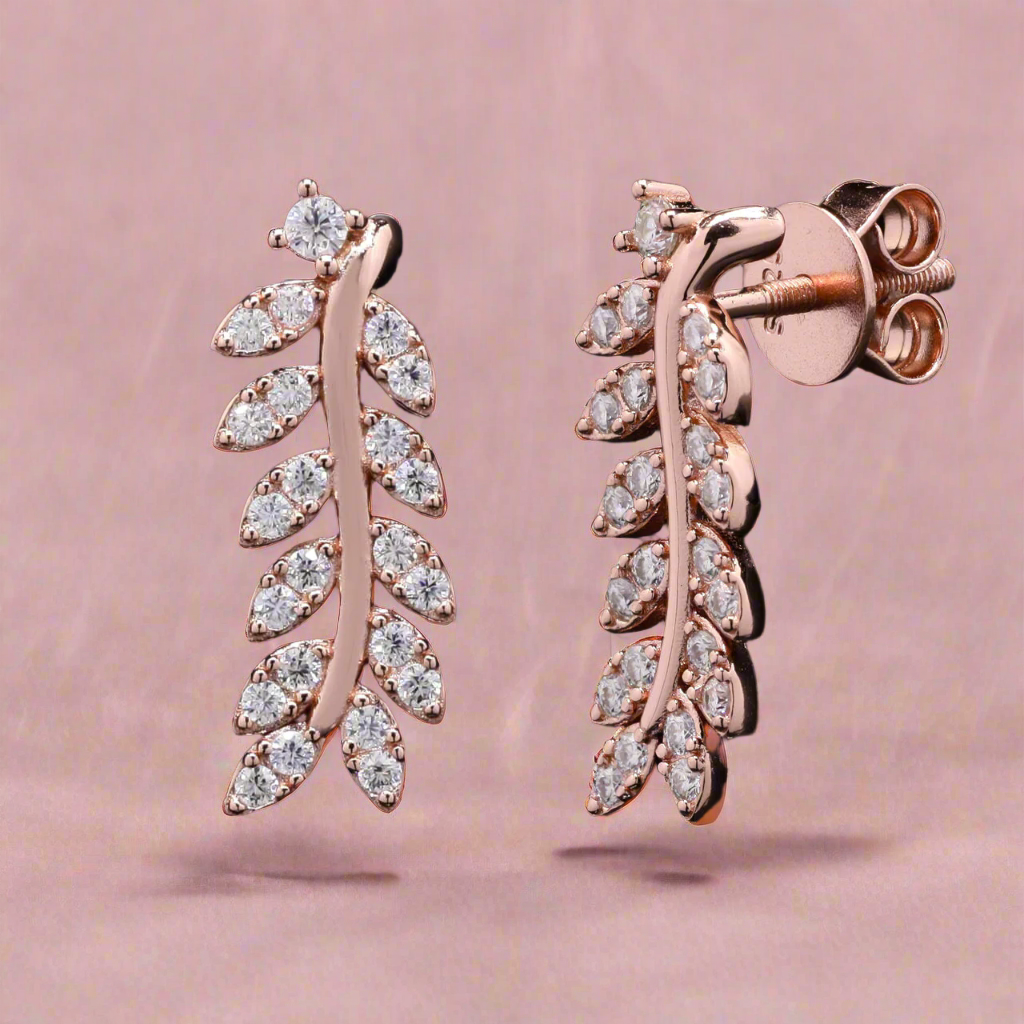 Leaf Earring in Rose-Gold with moissanite and Sterling Silver