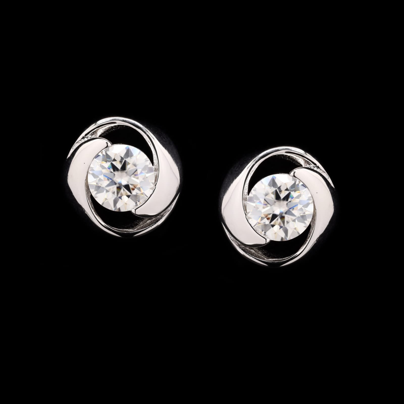 Swirl Stone Round Moissanite Diamond Sterling SIlver Studs