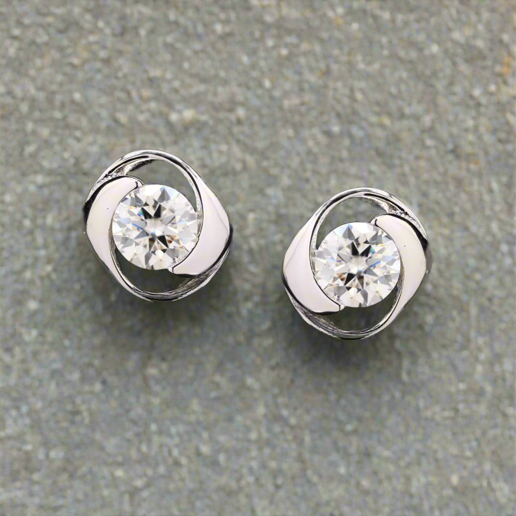 Swirl Stone Round Moissanite Diamond Sterling SIlver Studs