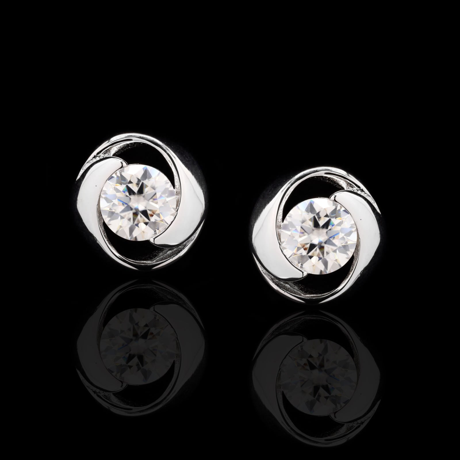Swirl Stone Round Moissanite Diamond Sterling SIlver Studs