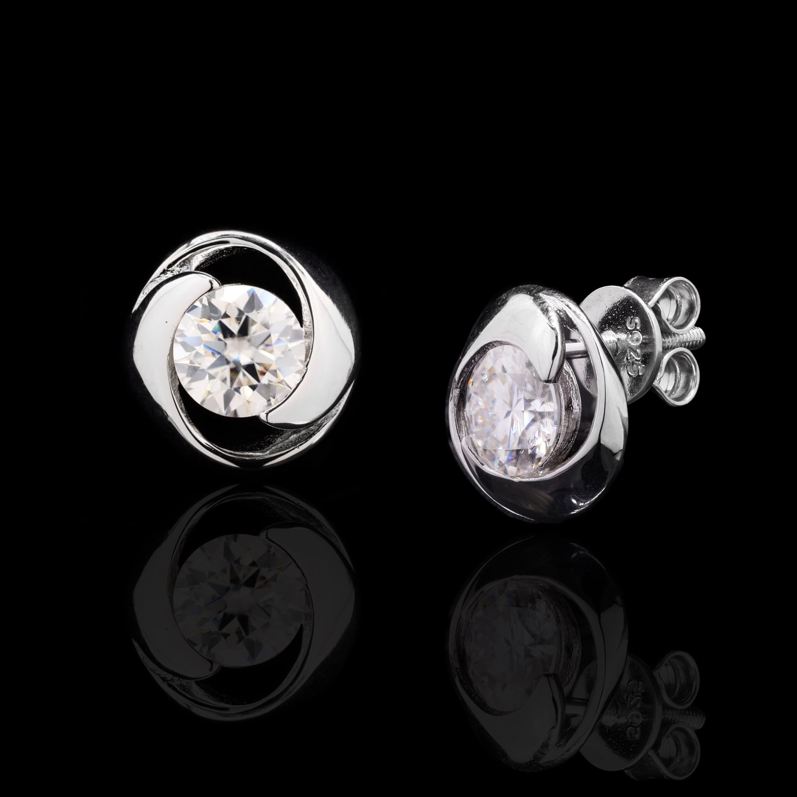 Swirl Stone Round Moissanite Diamond Sterling SIlver Studs