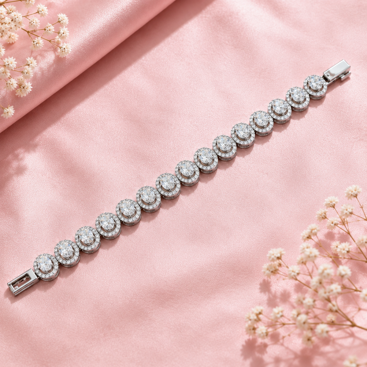 925 Silver Seraphina Oval Halo Moissanite Tennis Bracelet in Moissanite Diamond