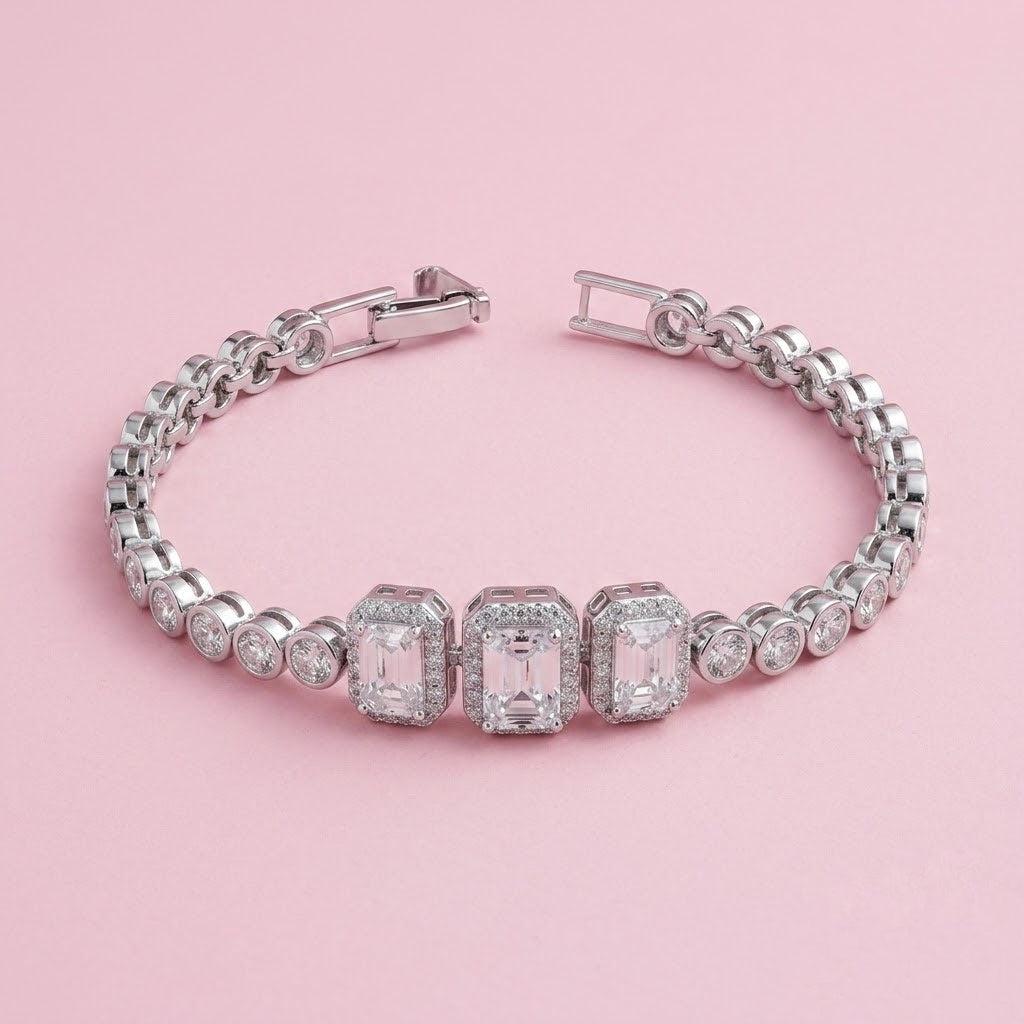 Emerald cut with Pave Moissanite Bracelet in 925 Silver