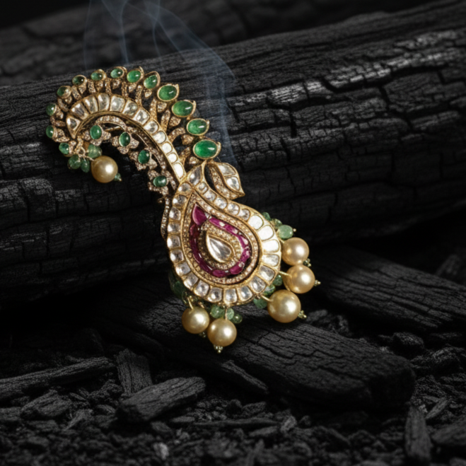 Green Kundan Polki Kalangi cum Brooch In Sterling Silver for him