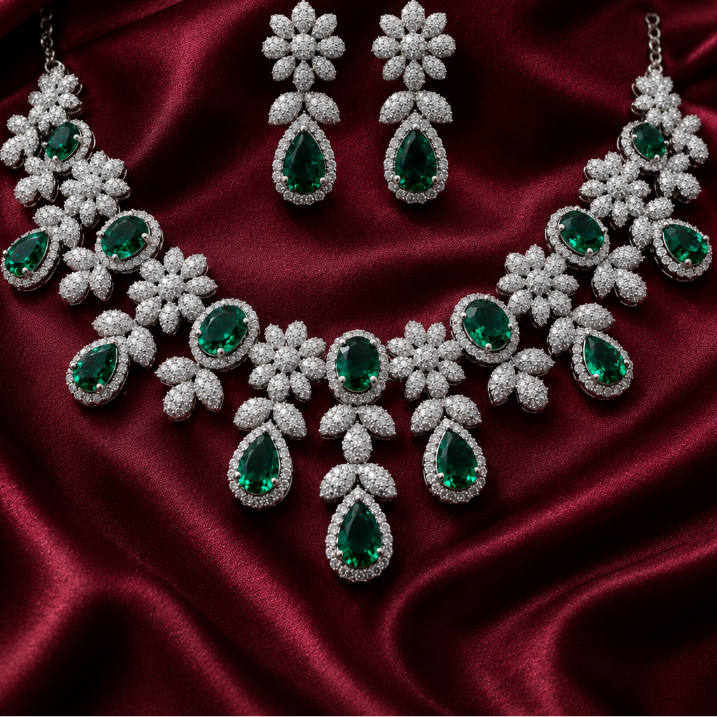 Bridal Moissanite and Lab Emerald Necklace in 925 Silver
