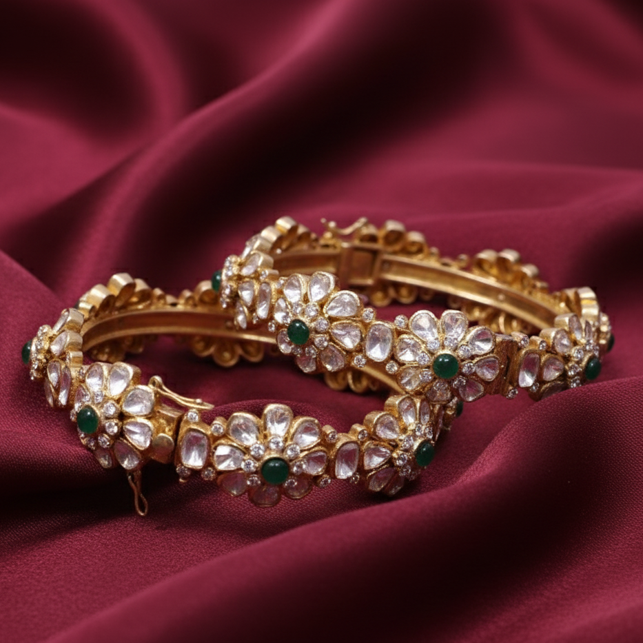 Majestic Moissanite Polki Bangles in 925 Silver with Gold Plating