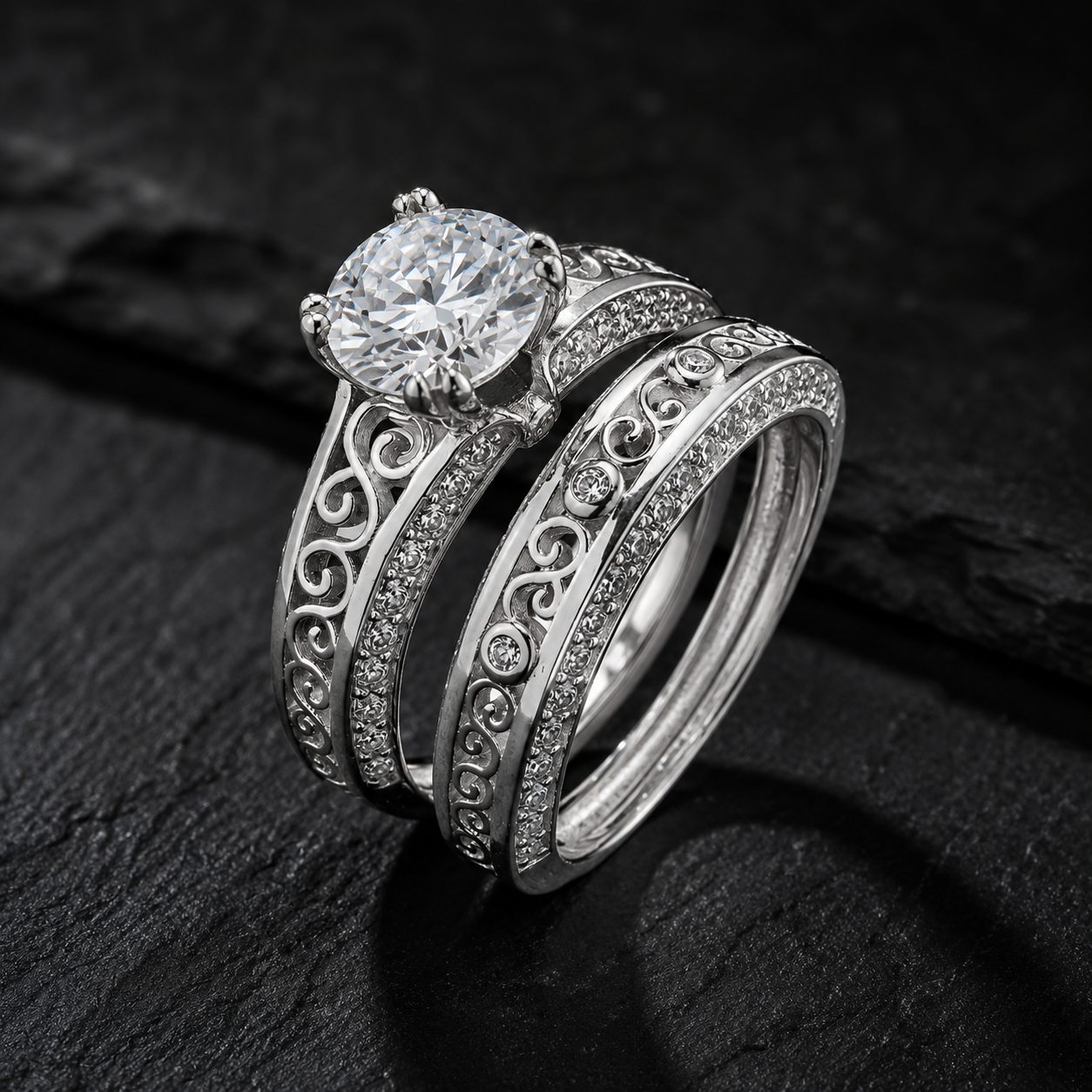 Elegant design Filigree Engagement Ring with Moissanite in Sterling Silver