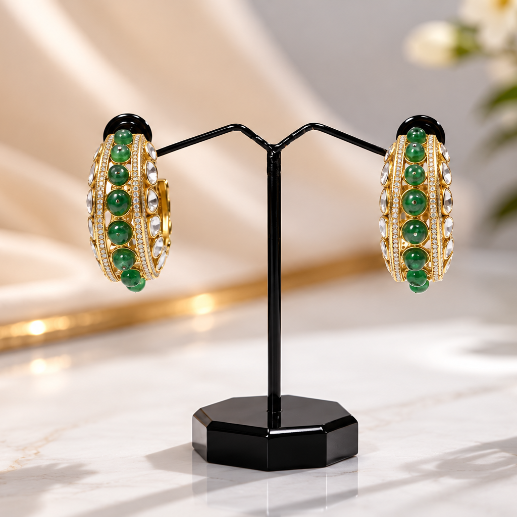 Polki Moissanite Beads Hoop Earrings in 925 Silver