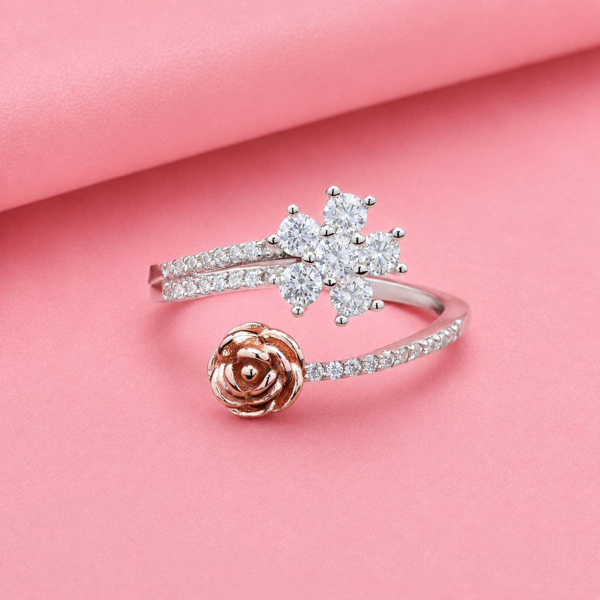 Rose Gold color Rose Ring in Sterling silver with Moissanite