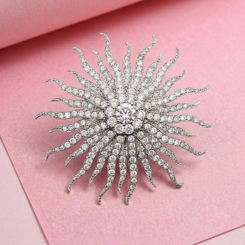 Sun Brooch in 925 Sterling Silver with Moissanite Stones
