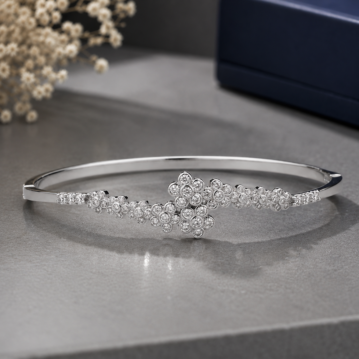 Flower Shaped Moissanite Bracelet kada in 925 Silver