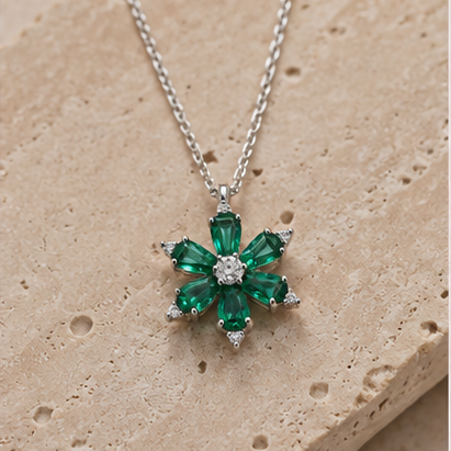 Lab Grown Emerald Flower Pendant with Moissanite in Sterling Silver