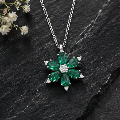 Lab Grown Emerald Flower Pendant with Moissanite in Sterling Silver