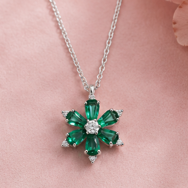 Lab Grown Emerald Flower Pendant with Moissanite in Sterling Silver