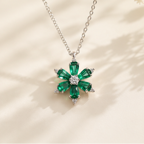 Lab Grown Emerald Flower Pendant with Moissanite in Sterling Silver