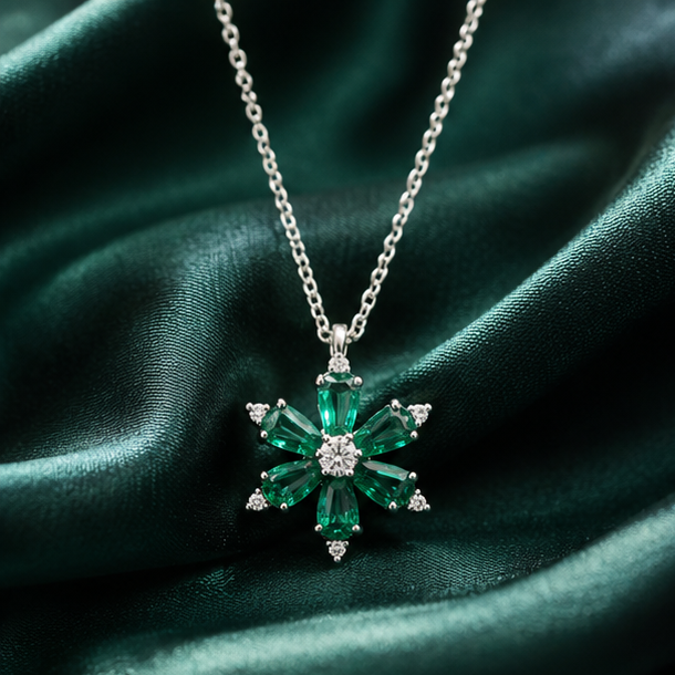 Lab Grown Emerald Flower Pendant with Moissanite in Sterling Silver
